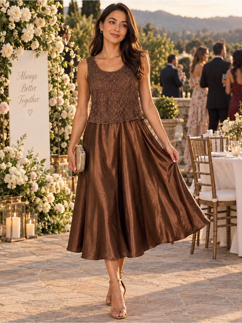 Cachet Chocolate Brown Satin Midi Skirt
